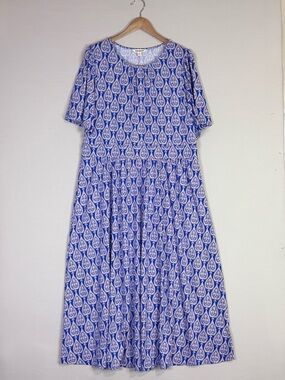 Boden Blue White Print Midi Dress US 16-18 Pockets Short Sleeve NWT